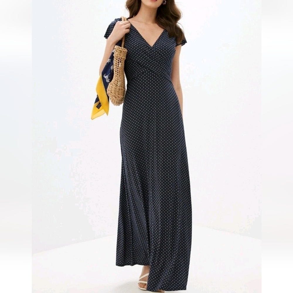 Lauren Ralph Lauren Black Label Jersey Print Maxi Dress Cap Sleeve Size 10 Navy